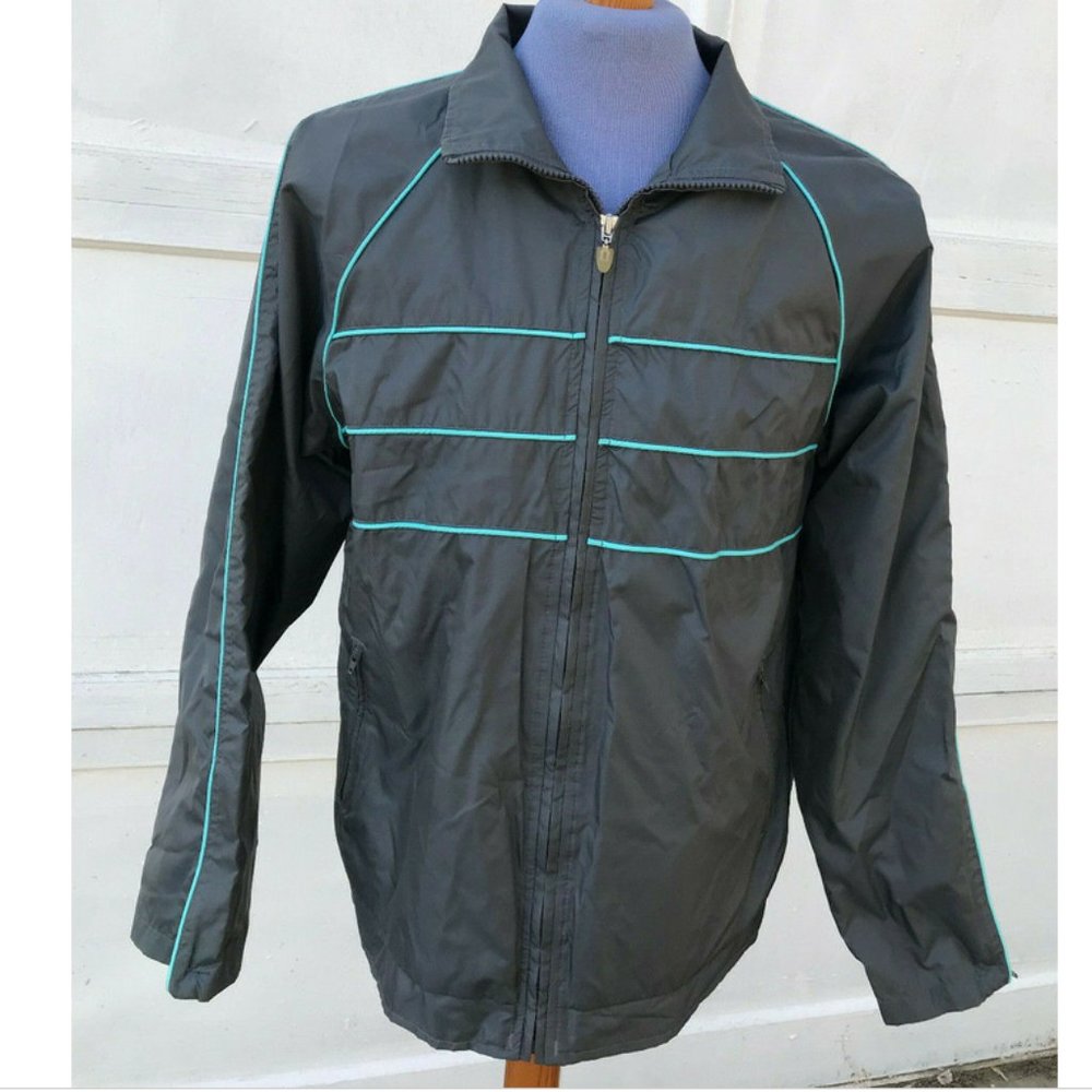 Brooks Sport Grey Windbreaker Jacket with Teal Trim Lightweight Coat Vintage 90s